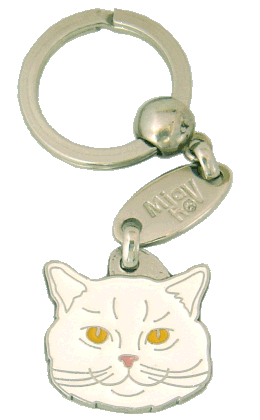 Gato de pelo curto inglês branco <br> (chaveiro, Gravado incluído)